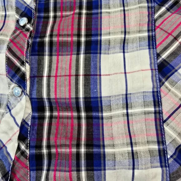 Adiktd Western Top Womens Medium Pink Blue Plaid Embellished Rhinestone Yoke - Picture 13 of 16